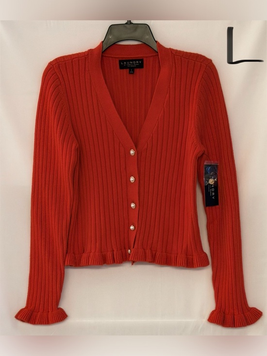 Laundry By Shelli Segal Sweaters - Laundry By Shelli Segal Orange Ribbed V-Neck Cardigan with Pearl Buttons
